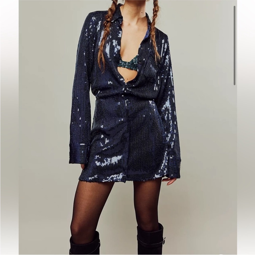 NWT Free People Sophie Navy Blue Sequin Long Sleeve Mini Dress